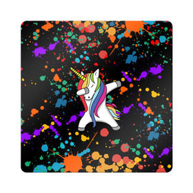Магнит виниловый Квадрат с принтом ЕДИНОРОГ РАДУГА (ЧЕРНЫЙ) в Петрозаводске, полимерный материал с магнитным слоем | размер 9*9 см, закругленные углы | Тематика изображения на принте: color | dab | pony | rainbow | unicornis dab | брызги | даб | единорог | единорог радуга | животные | краски | красочные | ляпистые | пони | радуга | цвета радуги