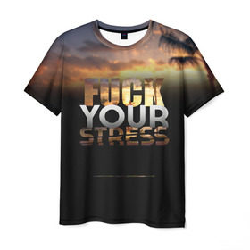 Мужская футболка 3D с принтом Fuck Your Stress в Петрозаводске, 100% полиэфир | прямой крой, круглый вырез горловины, длина до линии бедер | black | orange | palm trees | stress | sunset | yellow | your | желтый | закат | оранжевый | пальмы | стресс | твой | черный