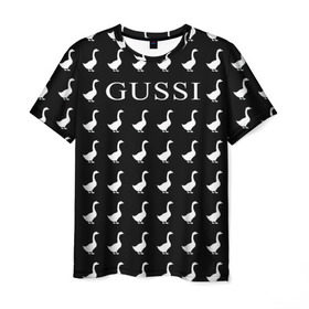 Мужская футболка 3D с принтом Gussi Black в Петрозаводске, 100% полиэфир | прямой крой, круглый вырез горловины, длина до линии бедер | Тематика изображения на принте: gucci | gussi ga ga ga | gussi gang | бренд | гусь | птица