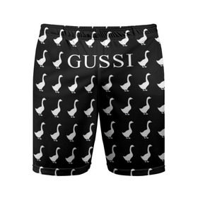 Мужские шорты 3D спортивные с принтом Gussi Black в Петрозаводске,  |  | gucci | gussi ga ga ga | gussi gang | бренд | гусь | птица