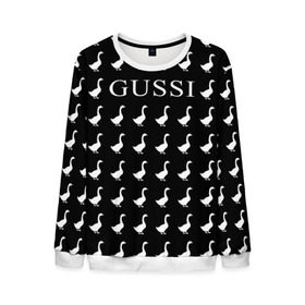 Мужской свитшот 3D с принтом Gussi Black в Петрозаводске, 100% полиэстер с мягким внутренним слоем | круглый вырез горловины, мягкая резинка на манжетах и поясе, свободная посадка по фигуре | gucci | gussi ga ga ga | gussi gang | бренд | гусь | птица