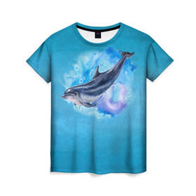 Женская футболка 3D с принтом Дельфин в Петрозаводске, 100% полиэфир ( синтетическое хлопкоподобное полотно) | прямой крой, круглый вырез горловины, длина до линии бедер | dolphin | акварель | дельфин | море | морские млекопитающие | океан | синий