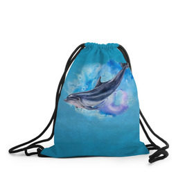 Рюкзак-мешок 3D с принтом Дельфин в Петрозаводске, 100% полиэстер | плотность ткани — 200 г/м2, размер — 35 х 45 см; лямки — толстые шнурки, застежка на шнуровке, без карманов и подкладки | Тематика изображения на принте: dolphin | акварель | дельфин | море | морские млекопитающие | океан | синий