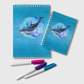 Блокнот с принтом Дельфин в Петрозаводске, 100% бумага | 48 листов, плотность листов — 60 г/м2, плотность картонной обложки — 250 г/м2. Листы скреплены удобной пружинной спиралью. Цвет линий — светло-серый
 | dolphin | акварель | дельфин | море | морские млекопитающие | океан | синий