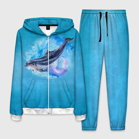 Мужской костюм 3D с принтом Дельфин в Петрозаводске, 100% полиэстер | Манжеты и пояс оформлены тканевой резинкой, двухслойный капюшон со шнурком для регулировки, карманы спереди | dolphin | акварель | дельфин | море | морские млекопитающие | океан | синий