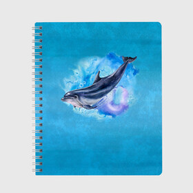 Тетрадь с принтом Дельфин в Петрозаводске, 100% бумага | 48 листов, плотность листов — 60 г/м2, плотность картонной обложки — 250 г/м2. Листы скреплены сбоку удобной пружинной спиралью. Уголки страниц и обложки скругленные. Цвет линий — светло-серый
 | dolphin | акварель | дельфин | море | морские млекопитающие | океан | синий