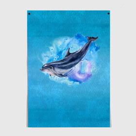 Постер с принтом Дельфин в Петрозаводске, 100% бумага
 | бумага, плотность 150 мг. Матовая, но за счет высокого коэффициента гладкости имеет небольшой блеск и дает на свету блики, но в отличии от глянцевой бумаги не покрыта лаком | dolphin | акварель | дельфин | море | морские млекопитающие | океан | синий