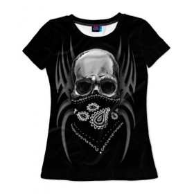 Женская футболка 3D с принтом Череп в бандане Tatto style в Петрозаводске, 100% полиэфир ( синтетическое хлопкоподобное полотно) | прямой крой, круглый вырез горловины, длина до линии бедер | 