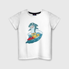 Детская футболка хлопок с принтом Акула Серфер в Петрозаводске, 100% хлопок | круглый вырез горловины, полуприлегающий силуэт, длина до линии бедер | Тематика изображения на принте: лето | серфинг | спорт