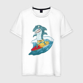 Мужская футболка хлопок с принтом Акула Серфер в Петрозаводске, 100% хлопок | прямой крой, круглый вырез горловины, длина до линии бедер, слегка спущенное плечо. | лето | серфинг | спорт
