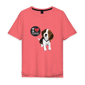 Мужская футболка хлопок Oversize с принтом Я люблю Бигля в Петрозаводске, 100% хлопок | свободный крой, круглый ворот, “спинка” длиннее передней части | Тематика изображения на принте: beagle | бигли | бигль | с биглем | с обакой | собака | собаки | собачки