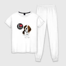 Женская пижама хлопок с принтом Я люблю Бигля в Петрозаводске, 100% хлопок | брюки и футболка прямого кроя, без карманов, на брюках мягкая резинка на поясе и по низу штанин | beagle | бигли | бигль | с биглем | с обакой | собака | собаки | собачки