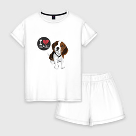 Женская пижама с шортиками хлопок с принтом Я люблю Бигля в Петрозаводске, 100% хлопок | футболка прямого кроя, шорты свободные с широкой мягкой резинкой | beagle | бигли | бигль | с биглем | с обакой | собака | собаки | собачки