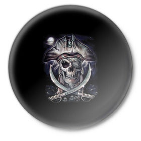 Значок с принтом Череп пирата в Петрозаводске,  металл | круглая форма, металлическая застежка в виде булавки | Тематика изображения на принте: пират | скелет | череп | черепа