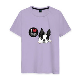 Мужская футболка хлопок с принтом Я люблю Бостон Терьер в Петрозаводске, 100% хлопок | прямой крой, круглый вырез горловины, длина до линии бедер, слегка спущенное плечо. | Тематика изображения на принте: boston | бостон терьер | с собакой | собака | собаки | собачка | я люблю