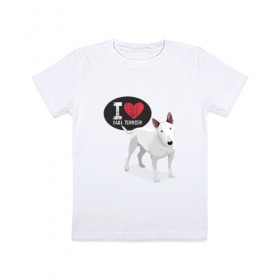 Детская футболка хлопок с принтом Я люблю Бультерьера в Петрозаводске, 100% хлопок | круглый вырез горловины, полуприлегающий силуэт, длина до линии бедер | bull terrier | буль | буль терьер | бультерьер | с бультерьером | с собакой | собака | собаки | я люблю
