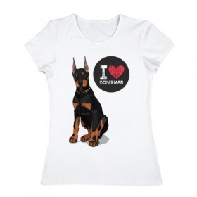 Женская футболка хлопок с принтом Я люблю Добермана в Петрозаводске, 100% хлопок | прямой крой, круглый вырез горловины, длина до линии бедер, слегка спущенное плечо | доберман | с доберманом | собака | собаки | собачки | я люблю