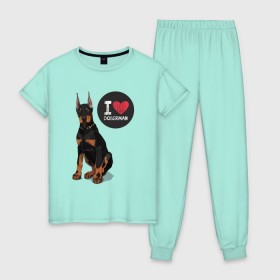 Женская пижама хлопок с принтом Я люблю Добермана в Петрозаводске, 100% хлопок | брюки и футболка прямого кроя, без карманов, на брюках мягкая резинка на поясе и по низу штанин | доберман | с доберманом | собака | собаки | собачки | я люблю