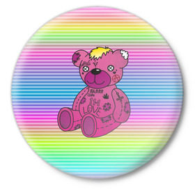 Значок с принтом Мишка Lil Peep в Петрозаводске,  металл | круглая форма, металлическая застежка в виде булавки | Тематика изображения на принте: gbc | hip hop | lil peep | love | pink | rap | лил пип | лилпип | медведь | медвежонок | мишка | реп | розовый | рэп | тату | трэп | хип хоп | эмо