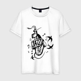 Мужская футболка хлопок с принтом JAZZ в Петрозаводске, 100% хлопок | прямой крой, круглый вырез горловины, длина до линии бедер, слегка спущенное плечо. | Тематика изображения на принте: саксофон | саксофонист