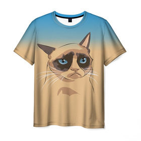 Мужская футболка 3D с принтом Grumpy cat ART в Петрозаводске, 100% полиэфир | прямой крой, круглый вырез горловины, длина до линии бедер | Тематика изображения на принте: cat | grumpy | грустный кот | киса | кот | котэ | котяра | кошка | мем | сердитый кот