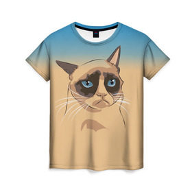 Женская футболка 3D с принтом Grumpy cat ART в Петрозаводске, 100% полиэфир ( синтетическое хлопкоподобное полотно) | прямой крой, круглый вырез горловины, длина до линии бедер | cat | grumpy | грустный кот | киса | кот | котэ | котяра | кошка | мем | сердитый кот