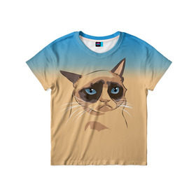 Детская футболка 3D с принтом Grumpy cat ART в Петрозаводске, 100% гипоаллергенный полиэфир | прямой крой, круглый вырез горловины, длина до линии бедер, чуть спущенное плечо, ткань немного тянется | cat | grumpy | грустный кот | киса | кот | котэ | котяра | кошка | мем | сердитый кот