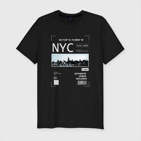Мужская футболка премиум с принтом Нью Йорк в Петрозаводске, 92% хлопок, 8% лайкра | приталенный силуэт, круглый вырез ворота, длина до линии бедра, короткий рукав | Тематика изображения на принте: new york | америка | надписи | надпись | нью йорк | с надписью | с надписями | сша | штаты