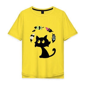 Мужская футболка хлопок Oversize с принтом Котик и перья в Петрозаводске, 100% хлопок | свободный крой, круглый ворот, “спинка” длиннее передней части | Тематика изображения на принте: воздушный | девушкам. детям | животное | забавный | кот | котейка | котёнок | котик | кошка | летать | милый | перо | пёрышко | чёрный кот