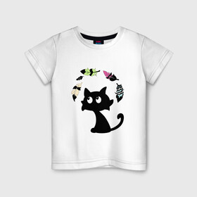 Детская футболка хлопок с принтом Котик и перья в Петрозаводске, 100% хлопок | круглый вырез горловины, полуприлегающий силуэт, длина до линии бедер | воздушный | девушкам. детям | животное | забавный | кот | котейка | котёнок | котик | кошка | летать | милый | перо | пёрышко | чёрный кот