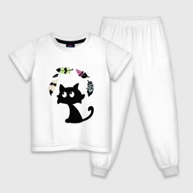 Детская пижама хлопок с принтом Котик и перья в Петрозаводске, 100% хлопок |  брюки и футболка прямого кроя, без карманов, на брюках мягкая резинка на поясе и по низу штанин
 | воздушный | девушкам. детям | животное | забавный | кот | котейка | котёнок | котик | кошка | летать | милый | перо | пёрышко | чёрный кот