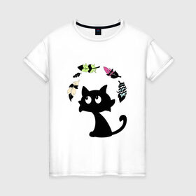 Женская футболка хлопок с принтом Котик и перья в Петрозаводске, 100% хлопок | прямой крой, круглый вырез горловины, длина до линии бедер, слегка спущенное плечо | воздушный | девушкам. детям | животное | забавный | кот | котейка | котёнок | котик | кошка | летать | милый | перо | пёрышко | чёрный кот