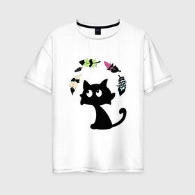 Женская футболка хлопок Oversize с принтом Котик и перья в Петрозаводске, 100% хлопок | свободный крой, круглый ворот, спущенный рукав, длина до линии бедер
 | воздушный | девушкам. детям | животное | забавный | кот | котейка | котёнок | котик | кошка | летать | милый | перо | пёрышко | чёрный кот