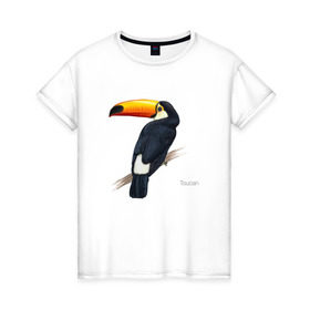 Женская футболка хлопок с принтом Тукан в Петрозаводске, 100% хлопок | прямой крой, круглый вырез горловины, длина до линии бедер, слегка спущенное плечо | птица | птицы | с птицей | тукан | экзотика