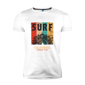 Мужская футболка премиум с принтом Surf в Петрозаводске, 92% хлопок, 8% лайкра | приталенный силуэт, круглый вырез ворота, длина до линии бедра, короткий рукав | абстракция | калифорния | летние | летняя | лето | серфинг | узоры