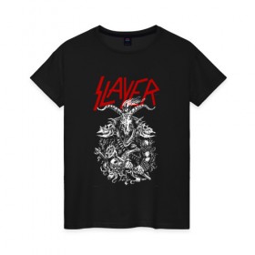 Женская футболка хлопок с принтом Slayer в Петрозаводске, 100% хлопок | прямой крой, круглый вырез горловины, длина до линии бедер, слегка спущенное плечо | slayer | гэри холт | керри кинг | пол бостаф | рок группа | слаер | слайер | слеар | слеер | слейр | слеяр | том арайа | хеви