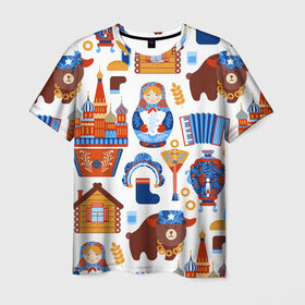 Мужская футболка 3D с принтом Традиционный поп арт в Петрозаводске, 100% полиэфир | прямой крой, круглый вырез горловины, длина до линии бедер | pop art | style | балалайка | матрешка | медведь | поп арт | яркие | яркое