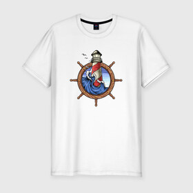 Мужская футболка премиум с принтом Маяк в Петрозаводске, 92% хлопок, 8% лайкра | приталенный силуэт, круглый вырез ворота, длина до линии бедра, короткий рукав | капитан | летние | летняя | лето | маяк | море | морские | моряк | океан | руль