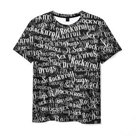 Мужская футболка 3D с принтом Sex, Drugs & Rock`n`Roll в Петрозаводске, 100% полиэфир | прямой крой, круглый вырез горловины, длина до линии бедер | jack daniel’s | белый | паттерн | рок | рок н ролл | рокнролл | текст | черный