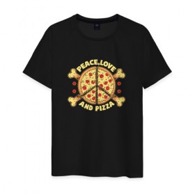 Мужская футболка хлопок с принтом Мир, Любовь и Пицца в Петрозаводске, 100% хлопок | прямой крой, круглый вырез горловины, длина до линии бедер, слегка спущенное плечо. | 