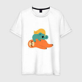 Мужская футболка хлопок с принтом Лень в Петрозаводске, 100% хлопок | прямой крой, круглый вырез горловины, длина до линии бедер, слегка спущенное плечо. | животные | коала | кот | ленивец | отдых | сон