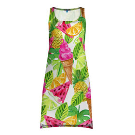 Платье-майка 3D с принтом Летнее настроение в Петрозаводске, 100% полиэстер | полуприлегающий силуэт, широкие бретели, круглый вырез горловины, удлиненный подол сзади. | summer | зелень | листья | море | пляж | тропики | фруткты | цветы