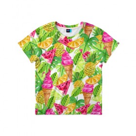 Детская футболка 3D с принтом Летнее настроение в Петрозаводске, 100% гипоаллергенный полиэфир | прямой крой, круглый вырез горловины, длина до линии бедер, чуть спущенное плечо, ткань немного тянется | summer | зелень | листья | море | пляж | тропики | фруткты | цветы