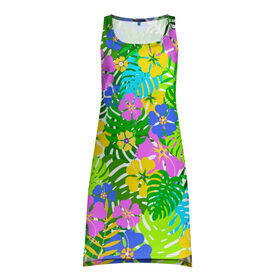 Платье-майка 3D с принтом Летнее настроение в Петрозаводске, 100% полиэстер | полуприлегающий силуэт, широкие бретели, круглый вырез горловины, удлиненный подол сзади. | гавайи | зелень | лето | листья | тропики | цветы