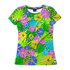 Женская футболка 3D с принтом Летнее настроение в Петрозаводске, 100% полиэфир ( синтетическое хлопкоподобное полотно) | прямой крой, круглый вырез горловины, длина до линии бедер | гавайи | зелень | лето | листья | тропики | цветы
