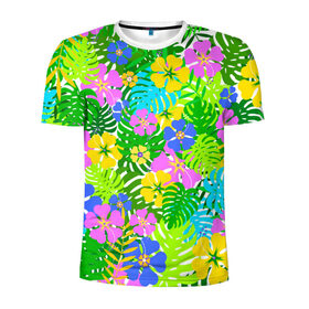 Мужская футболка 3D спортивная с принтом Летнее настроение в Петрозаводске, 100% полиэстер с улучшенными характеристиками | приталенный силуэт, круглая горловина, широкие плечи, сужается к линии бедра | гавайи | зелень | лето | листья | тропики | цветы