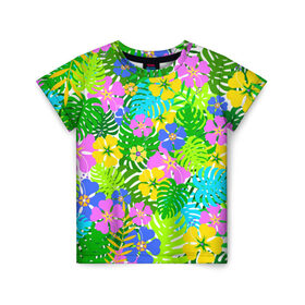 Детская футболка 3D с принтом Летнее настроение в Петрозаводске, 100% гипоаллергенный полиэфир | прямой крой, круглый вырез горловины, длина до линии бедер, чуть спущенное плечо, ткань немного тянется | гавайи | зелень | лето | листья | тропики | цветы