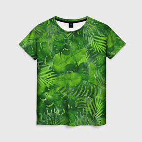 Женская футболка 3D с принтом Тропики в Петрозаводске, 100% полиэфир ( синтетическое хлопкоподобное полотно) | прямой крой, круглый вырез горловины, длина до линии бедер | джунгли | зелень | лес | листья | тропики