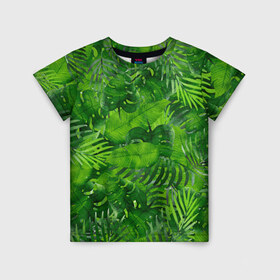 Детская футболка 3D с принтом Тропики в Петрозаводске, 100% гипоаллергенный полиэфир | прямой крой, круглый вырез горловины, длина до линии бедер, чуть спущенное плечо, ткань немного тянется | джунгли | зелень | лес | листья | тропики