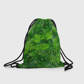 Рюкзак-мешок 3D с принтом Тропики в Петрозаводске, 100% полиэстер | плотность ткани — 200 г/м2, размер — 35 х 45 см; лямки — толстые шнурки, застежка на шнуровке, без карманов и подкладки | джунгли | зелень | лес | листья | тропики